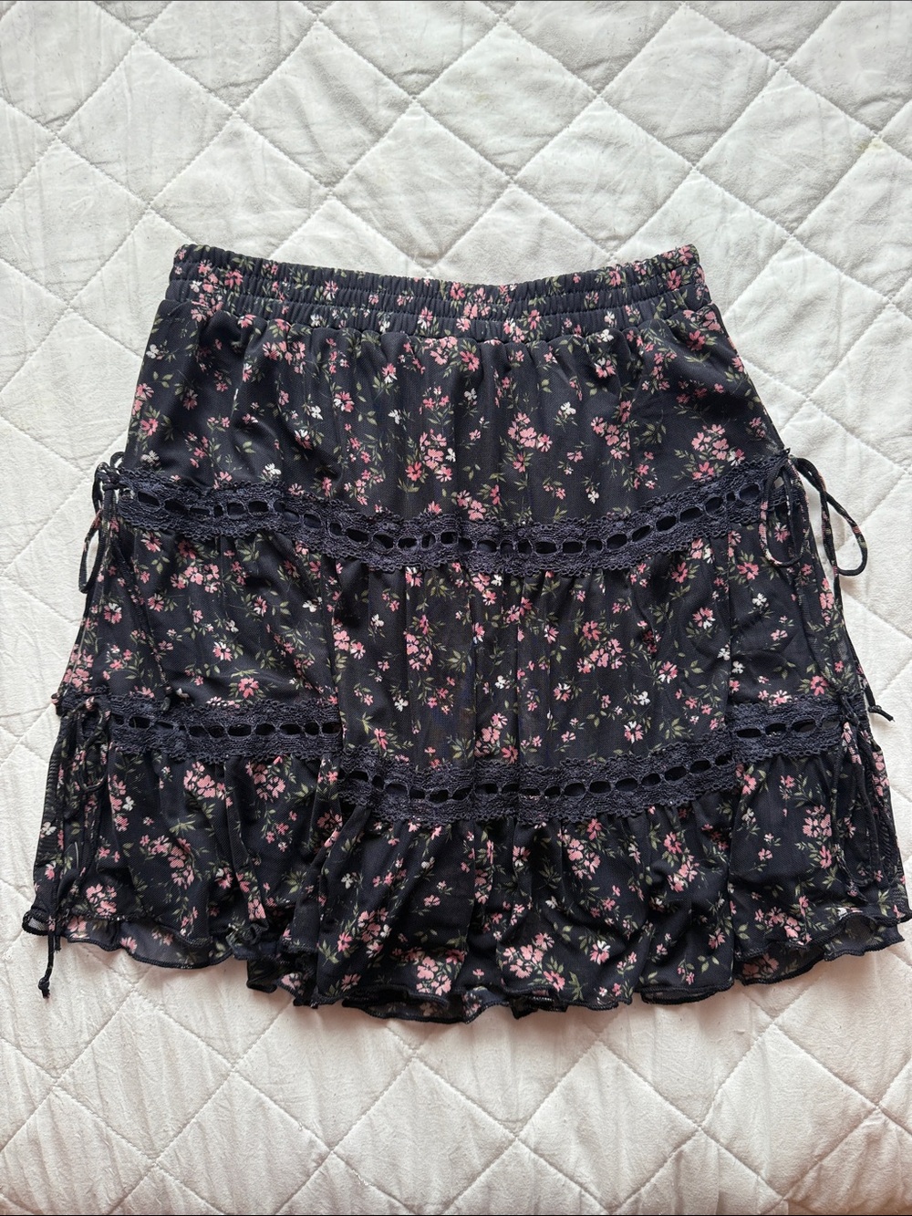 Floral Lace-Trim Black Mini Skirt with Pink Blossoms